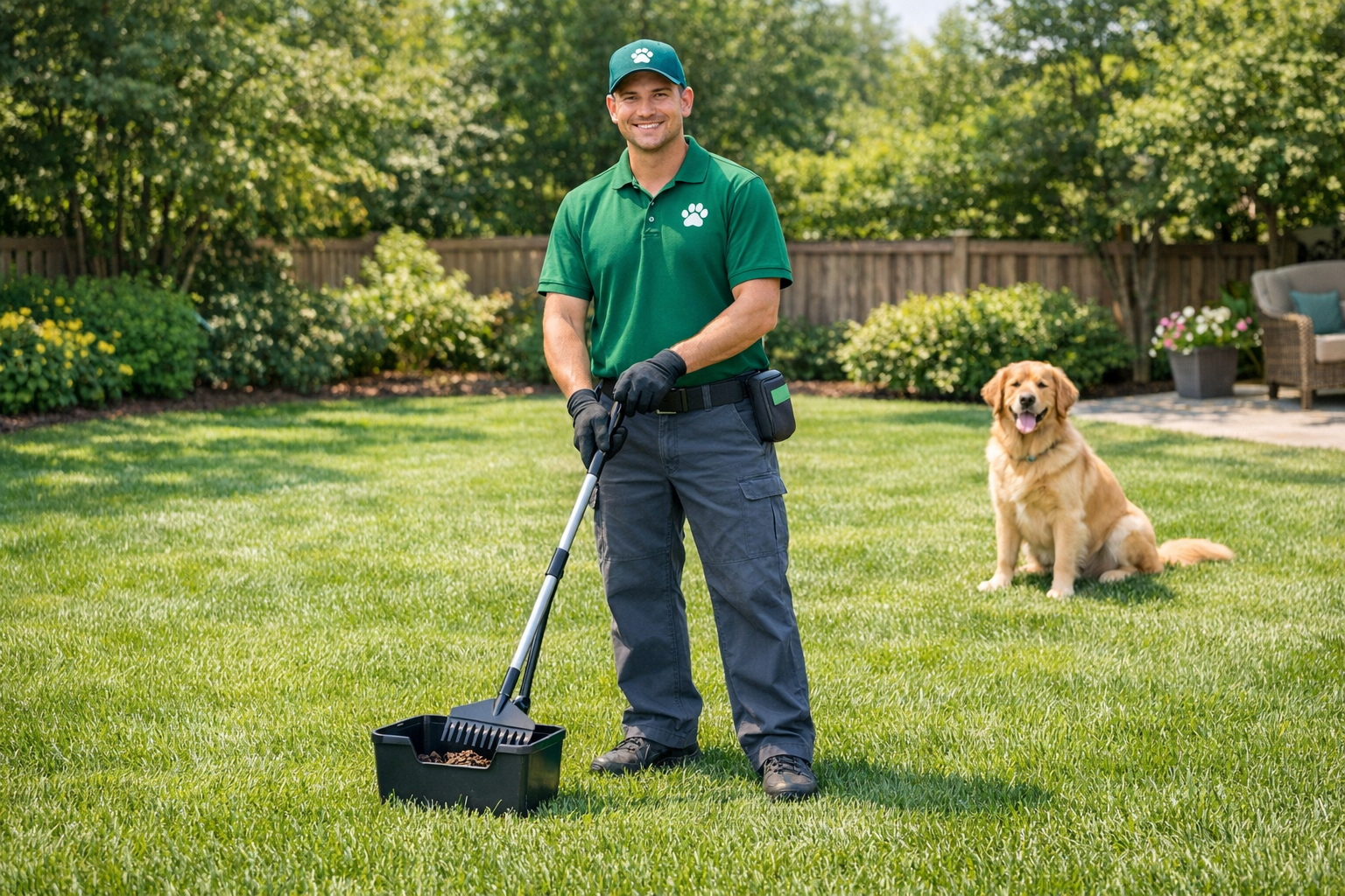 A pet waste removal pro scooping a clean backyard
